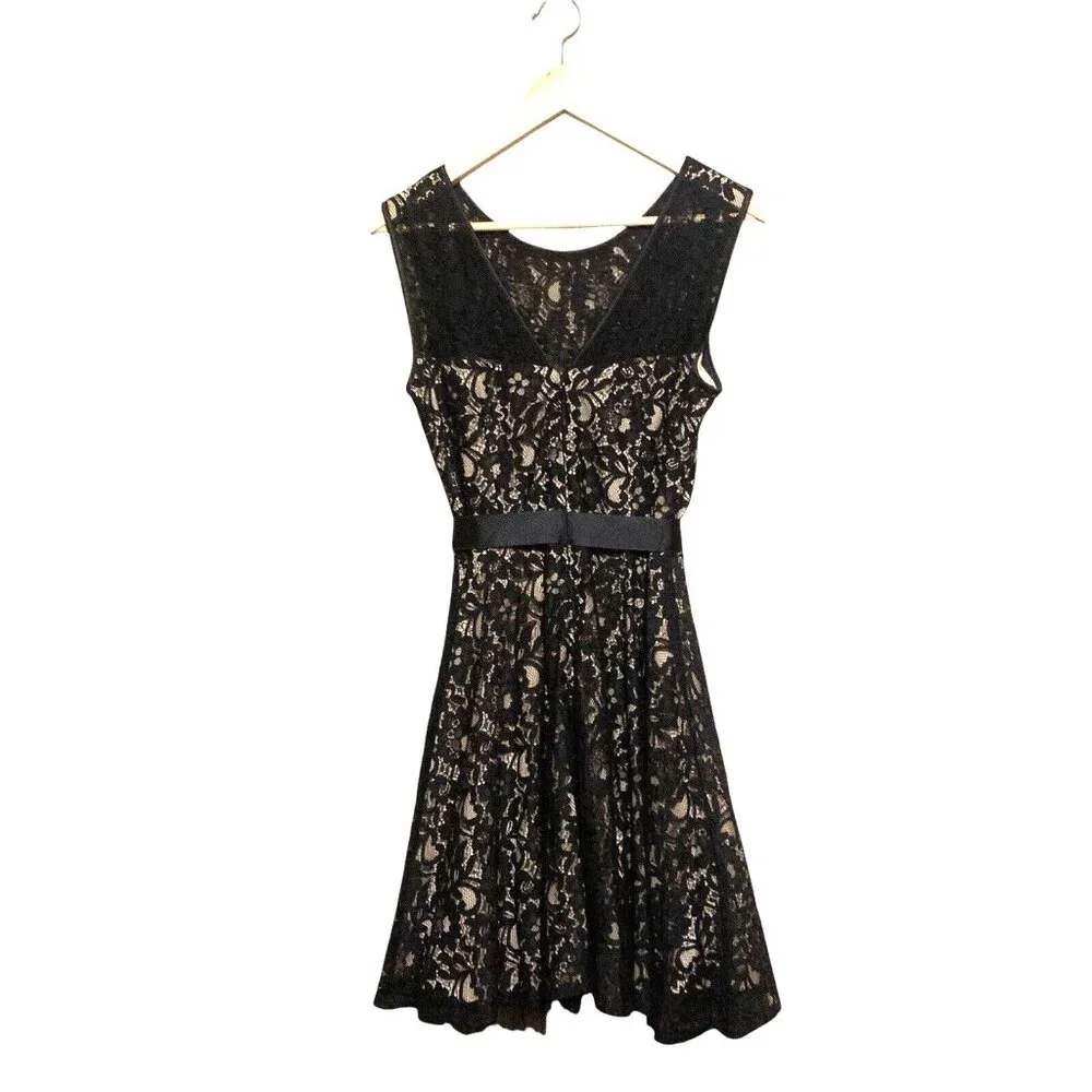 Betsy & Adam Women's Black Lace Over Beige Bow Party Cocktail Dress Sz 12 Witchy